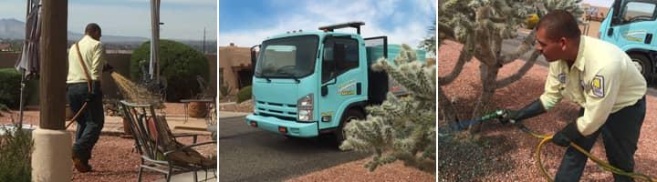 service techs performing a weed treatment around a tucson az home